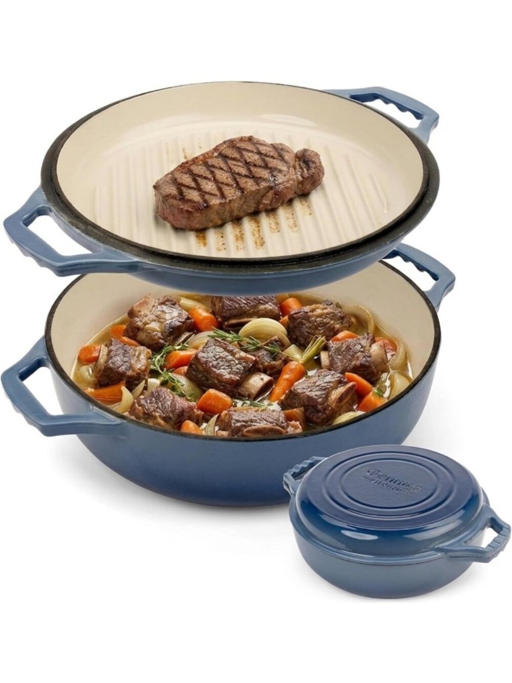 2-in-1 Cast Iron Braiser Pan & Grill Lid - 3.3-Quart Dutch Oven & Casserole